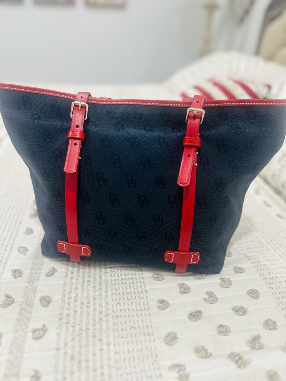 Dooney & Bourke Navy Canvas Tote Bag with Red Trim - Designer Monogram Style